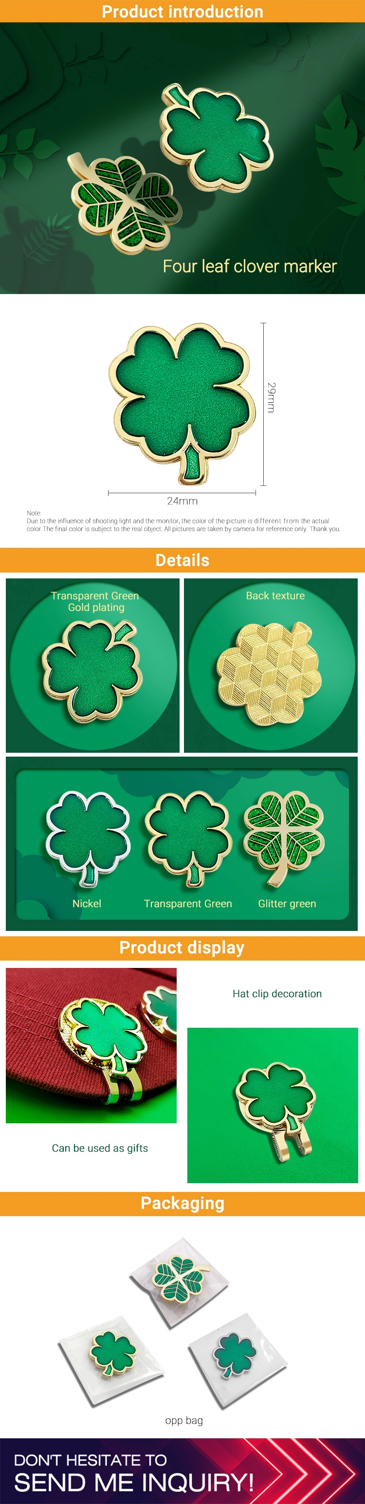 25mm Metal Four Leaf Clover Gold and Onion Powder Golf Ball Marker